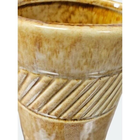 Vintage 1979 FTDA USA Brown Ceramic Textured Vase With Carved Chevron Design - Picture 9 of 9